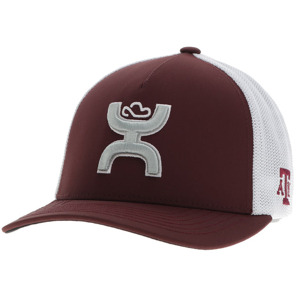 profile view of maroon and white cap with Texas A&M logo on side and silver Hooey logo on front