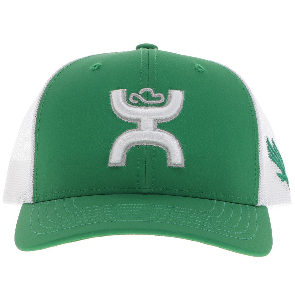 front of green and white UNT x Hooey hat with white Hooey logo