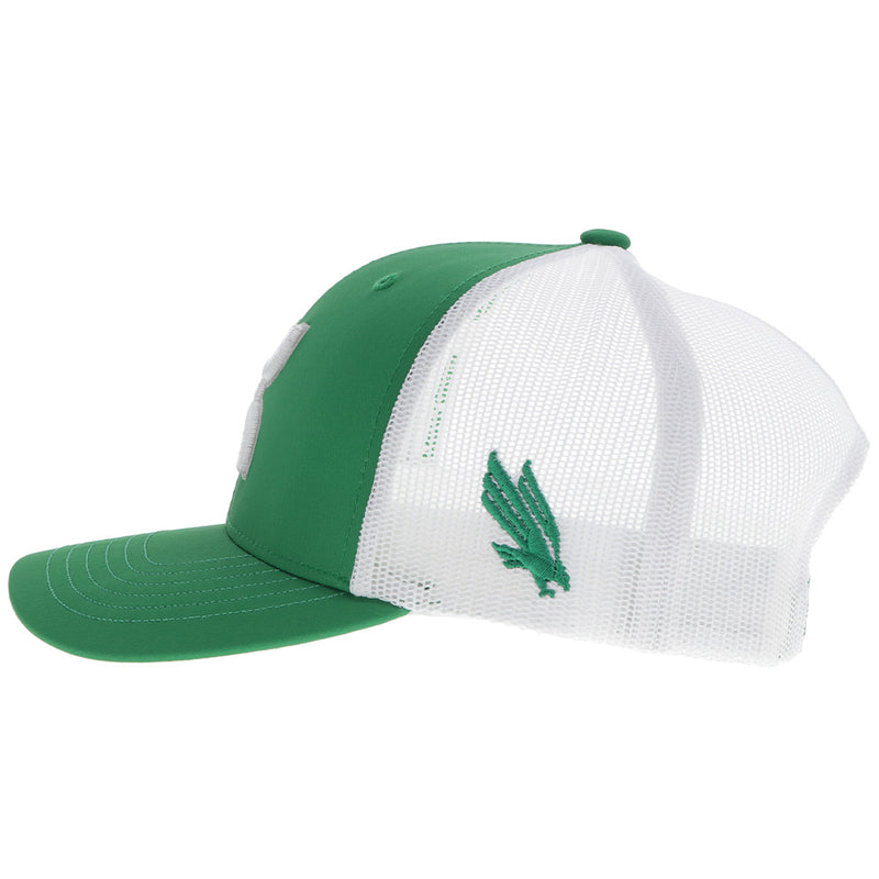 left side of green and white UNT x Hooey hat with white Hooey logo