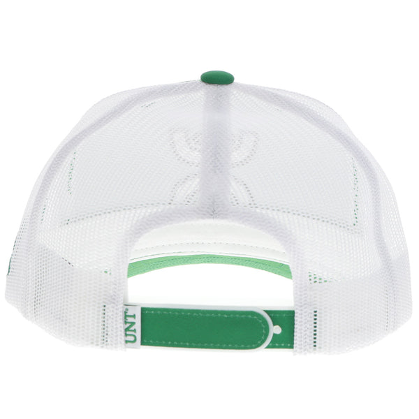 back of green and white UNT x Hooey hat with white Hooey logo