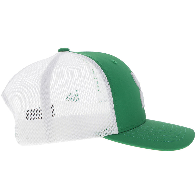 right side of green and white UNT x Hooey hat with white Hooey logo
