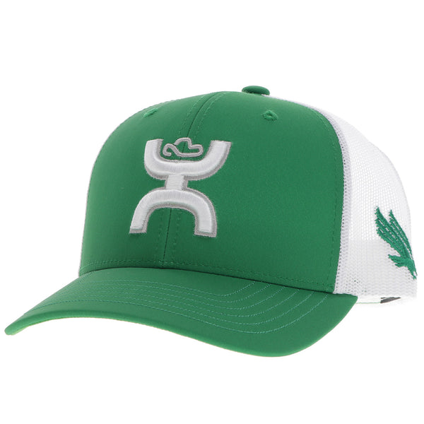 green and white UNT x Hooey hat with white Hooey logo