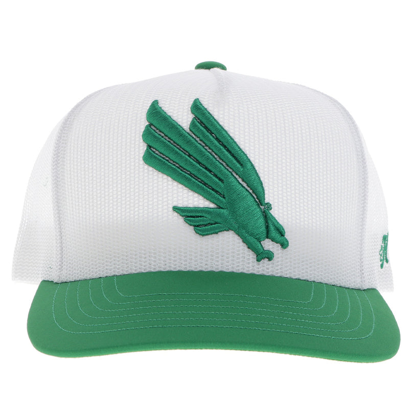 front of green and white UNT x Hooey hat with green logo patch