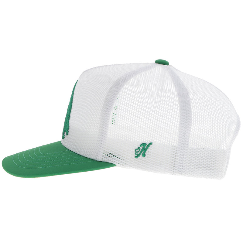 left side of green and white UNT x Hooey hat with green logo patch