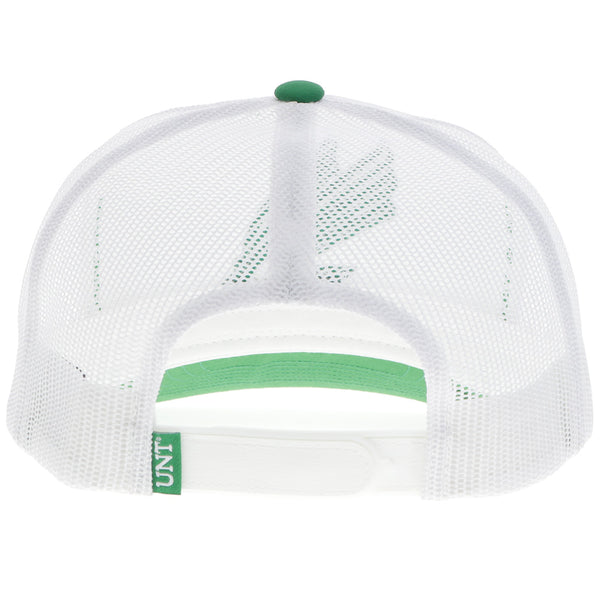 back of green and white UNT x Hooey hat with green logo patch