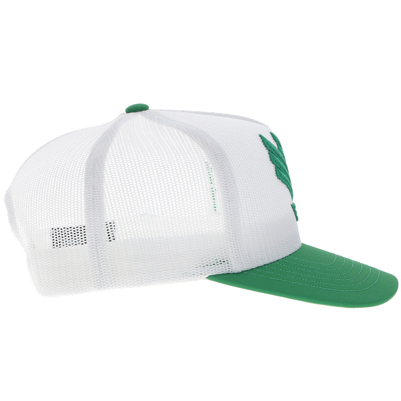 right side of green and white UNT x Hooey hat with green logo patch