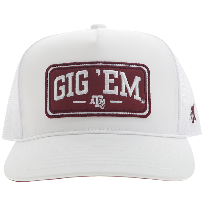 front of solid white Aggie x Hooey hat with Gig 'em Maroon patch