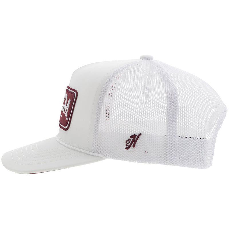 left side solid white Aggie x Hooey hat with Gig 'em Maroon patch