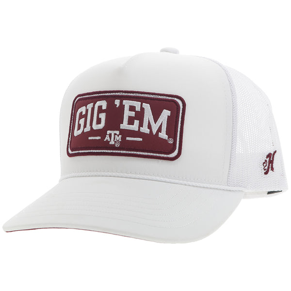 solid white hooey x aggie hat with gig 'em maroon patch