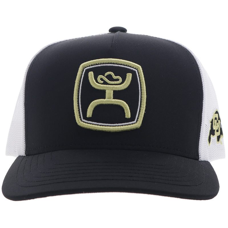 Front of Colorado University x Hooey black and white hat with gold and white Hooey hat