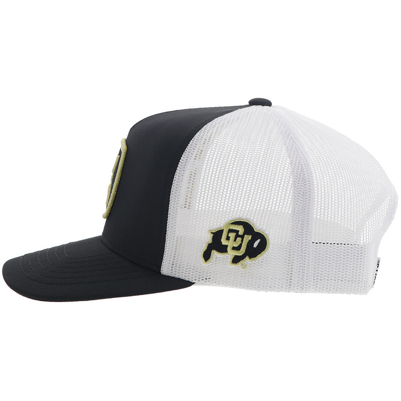 left side of Colorado University x Hooey black and white hat with gold and white Hooey hat