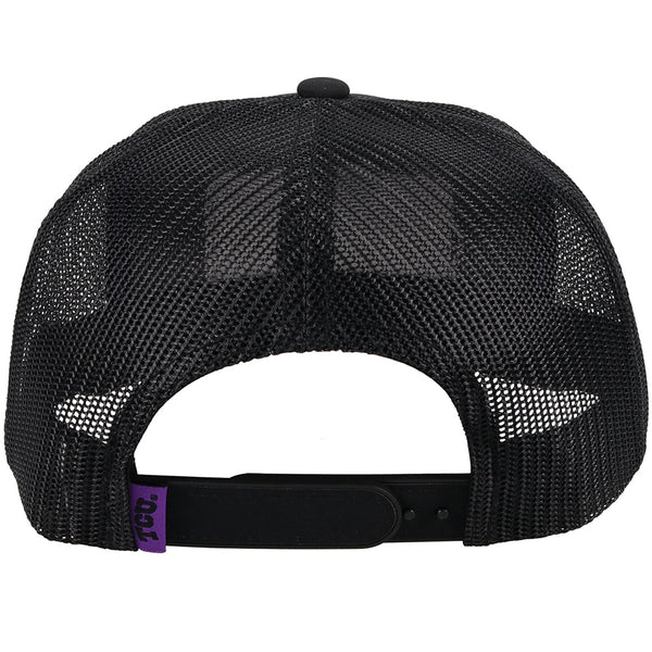 back of black TCU x Hooey hat with purple Hooey logo