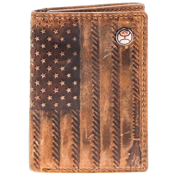 Leather wallet with American flag detail work featuring Hooey Metal button logo