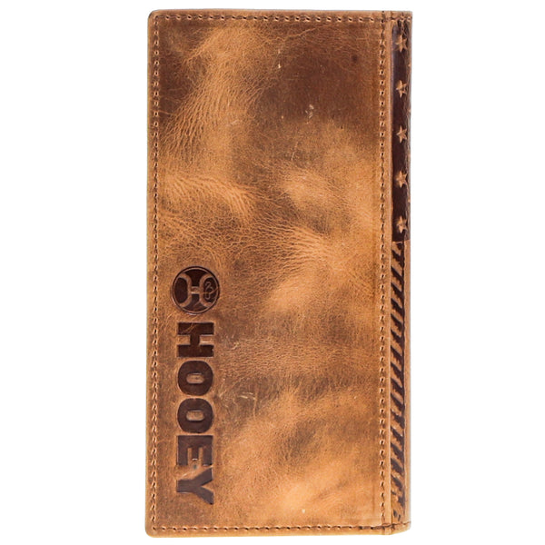 Back of leather distressed American flag wallet with a logo stamped