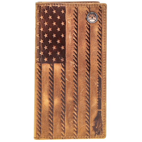 Distressed leather American flag bifold wallet with metal logo button