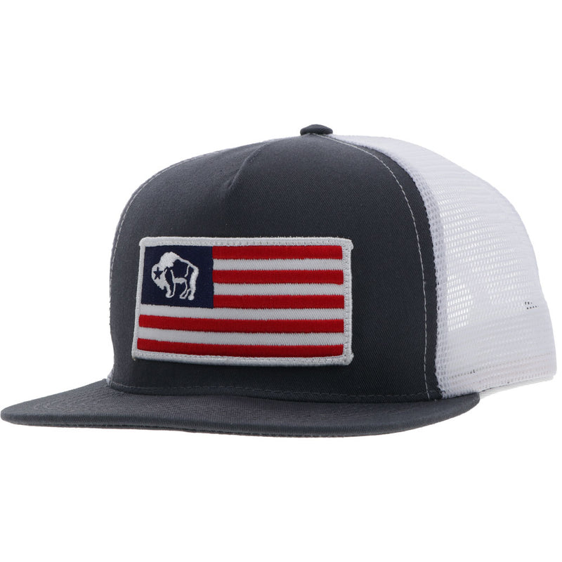 grey and white AMCC hooey hat with the buffalo flag patch