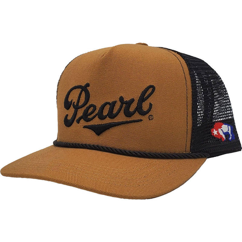 profile view of brown and black pearl cap with black logo patch