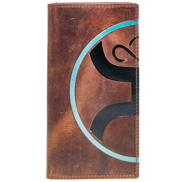 brown leather bi-fold with black Hooey logo and teal details