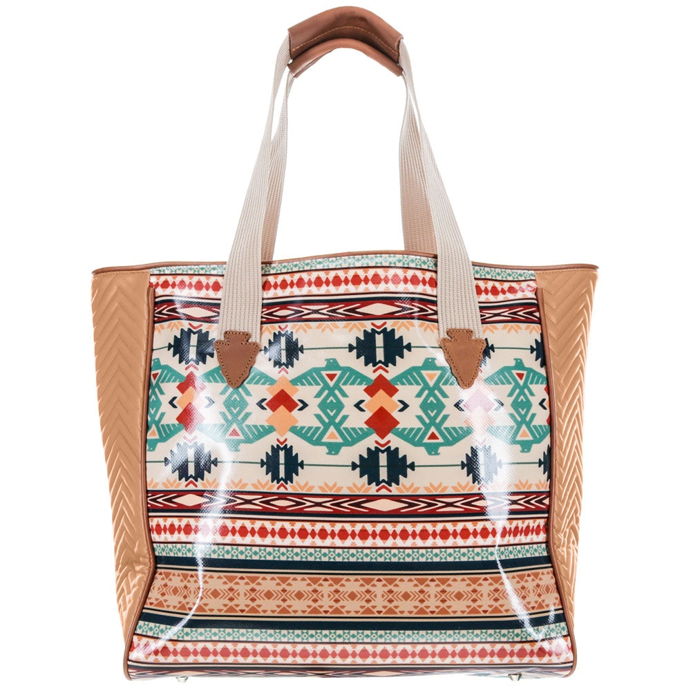 "Thunderbird" Tan/Navy Chevron & Striped Pattern Classic Tote Purse