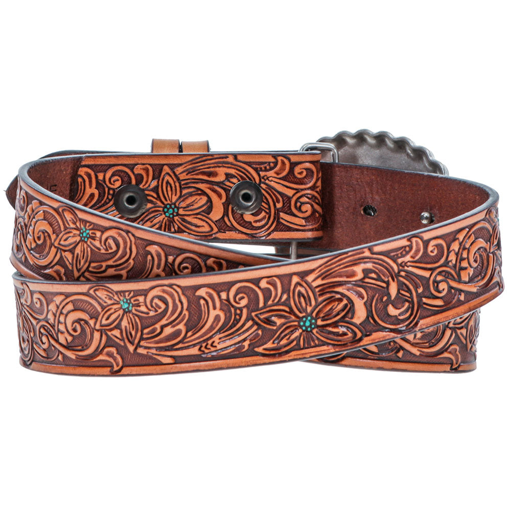 Youth Girls "Medina" Classic Hooey Belt Brown/Turquoise w/Turquoise Rodeo Buckle