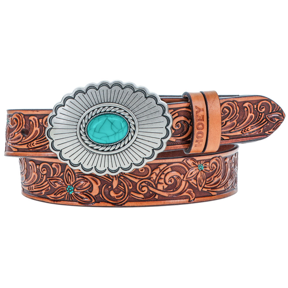 Youth Girls "Medina" Classic Hooey Belt Brown/Turquoise w/Turquoise Rodeo Buckle