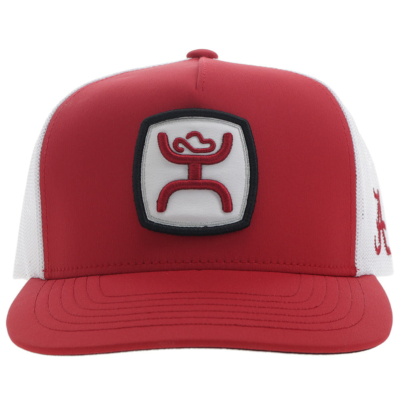 front of rend and white Alabama x Hooey hat with black, white, red Hooey logo patch