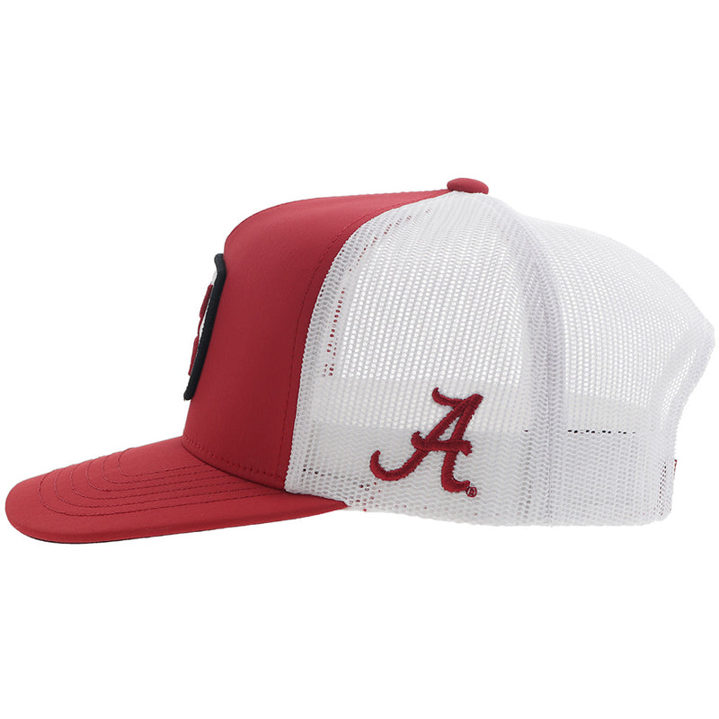 left side of red and white Alabama x Hooey hat with red A embroidered logo