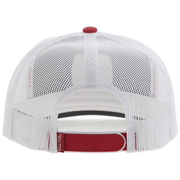 back of white and red Alabama x Hooey hat with white mesh and red snap bands