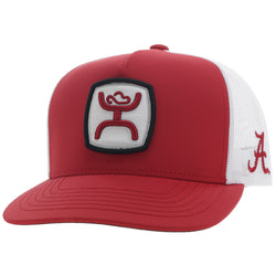red and white Alabama x Hooey hat with white, black, red Hooey logo