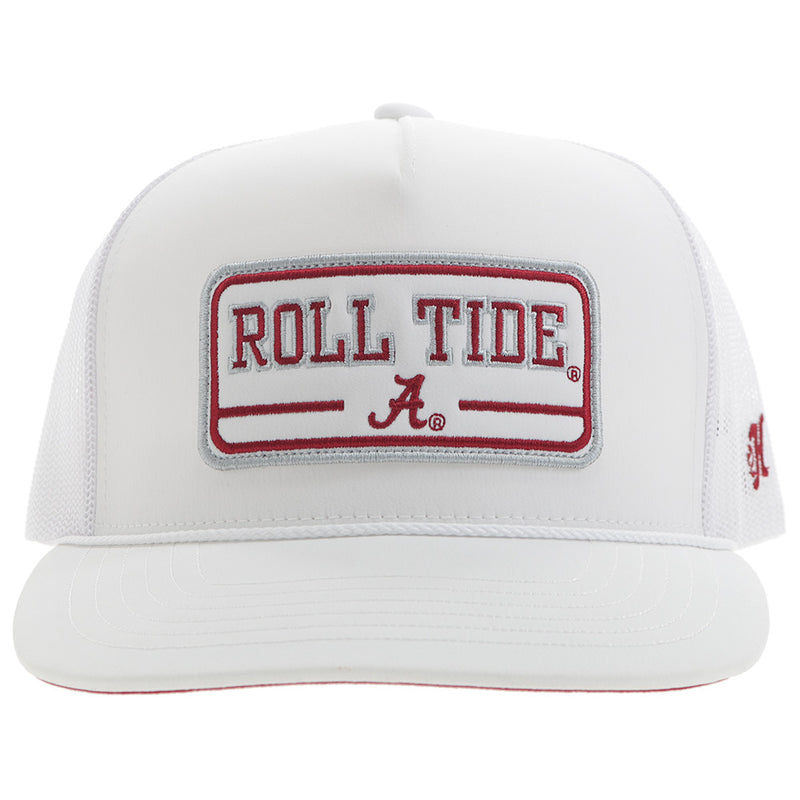front of Alabama x Hooey white hat with burgundy Roll Tide logo patch