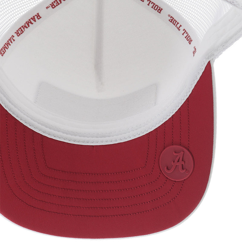 under side of red and white Hooey x Alabama hat
