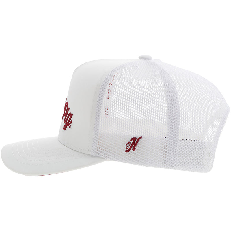 left side of white Hooey x Arkansas hat with red embroidered H logo