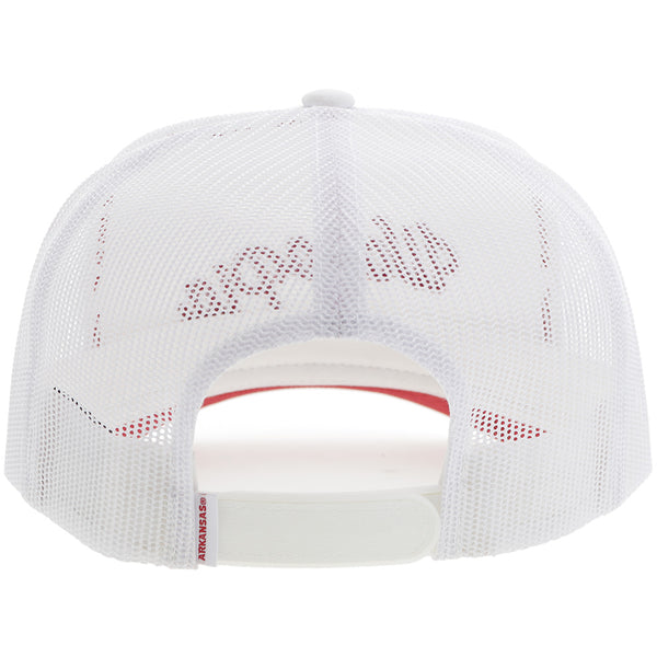back of white Arkansas x Hooey hat with red details