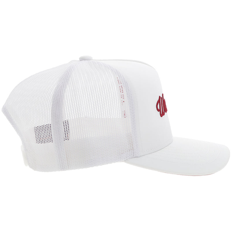 right side of white Arkansas x Hooey hat with red patch