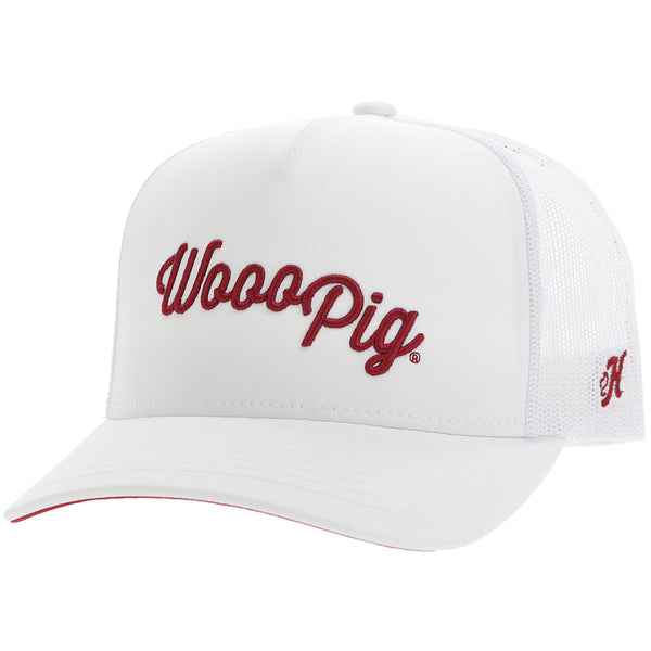 white Arkansas x Hooey hat with red WOOO Pig embroidered patch