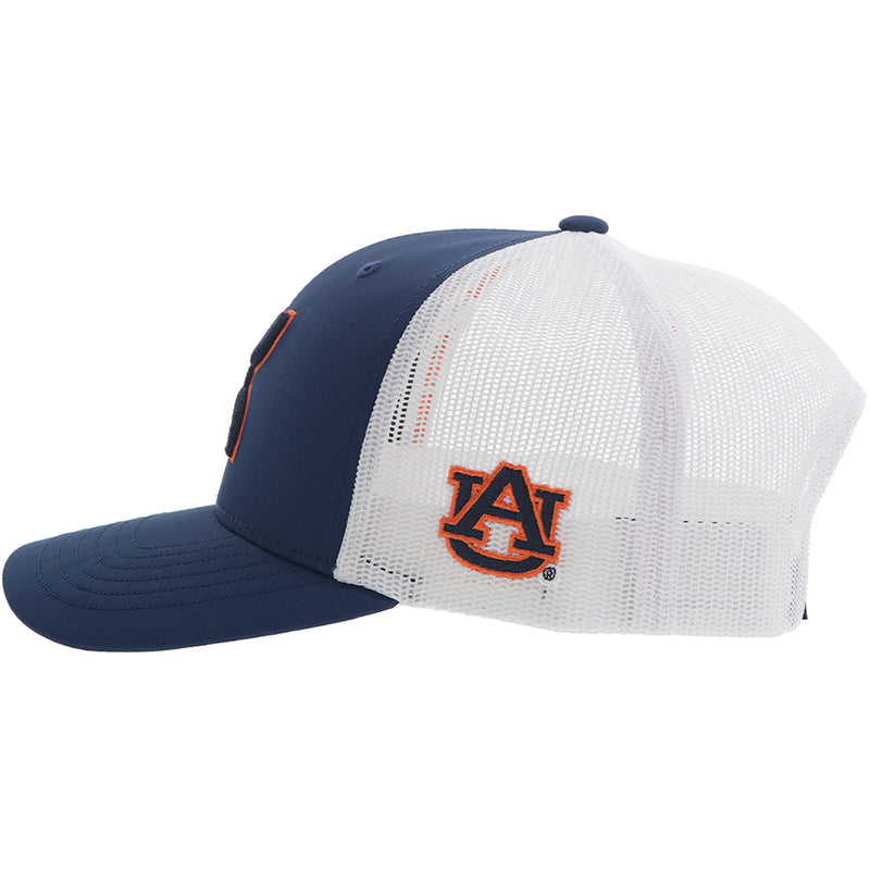 left side of blue and white Auburn x Hooey hat with blue and orange AU logo patch