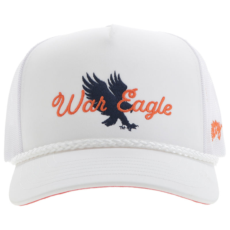 front of Auburn x Hooey white hat with blue and orange War Eagle embroidered patch 