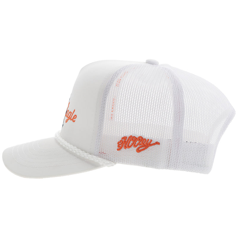 left side of Auburn x Hooey white hat with orange Hooey logo embroidered