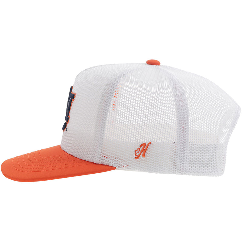 left side of white and orange Auburn x Hooey hat with H logo