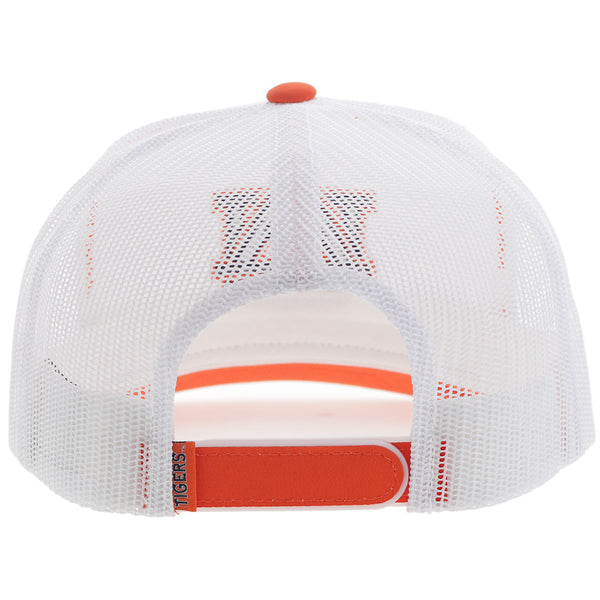 back of white and orange Hooey x Auburn hat with orange snap bands