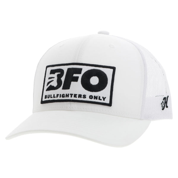 white on white BFO hat with with black and white patch and logo