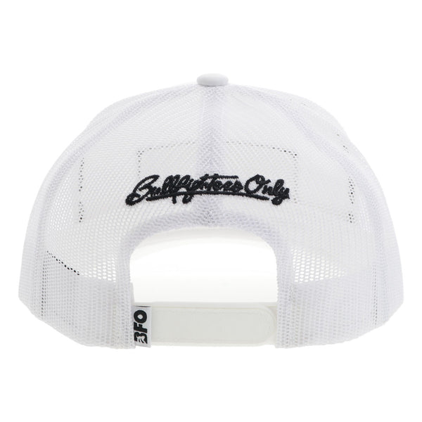 back of the white on white bull fighters only hat with black embroidery "Bull Fighters Only"
