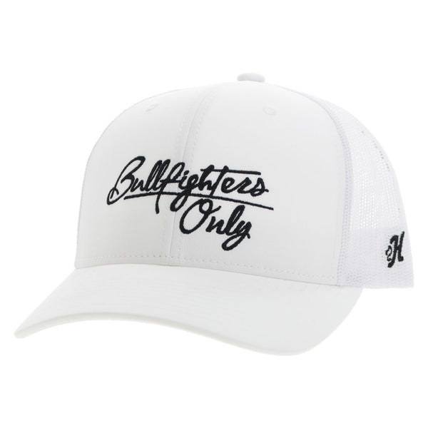 profile view of the white on white bull fighters only hat with black embroidered "Bull Fighters Only"