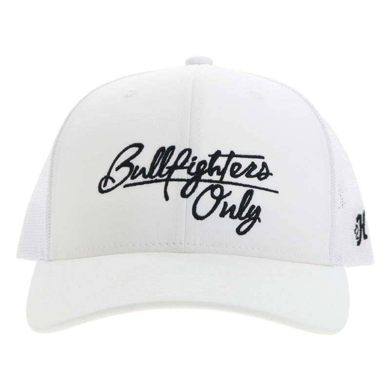 front of the white on white bull fighters only hat with black embroidered script