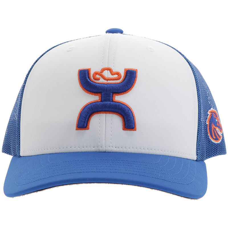 front of blue and white Boise x Hooey hat with blue and orange hooey logo patch