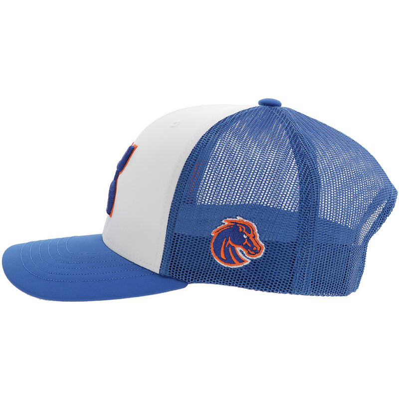 left side of blue and white Hooey x Boise hat with orange and blue bronco patch