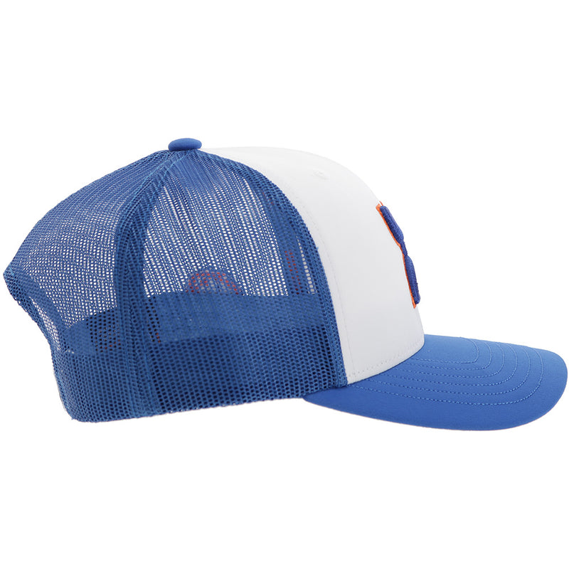 right side of blue and white Hooey x Boise hat