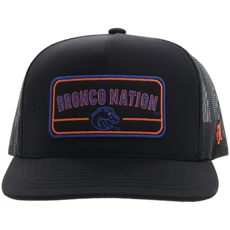 front of Boise x Hooey black hat with orange, blue, black Bronco Nation patch