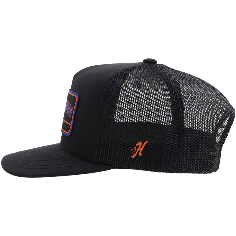 left side of Hooey x Boise hat in black with orange embroidered H logo