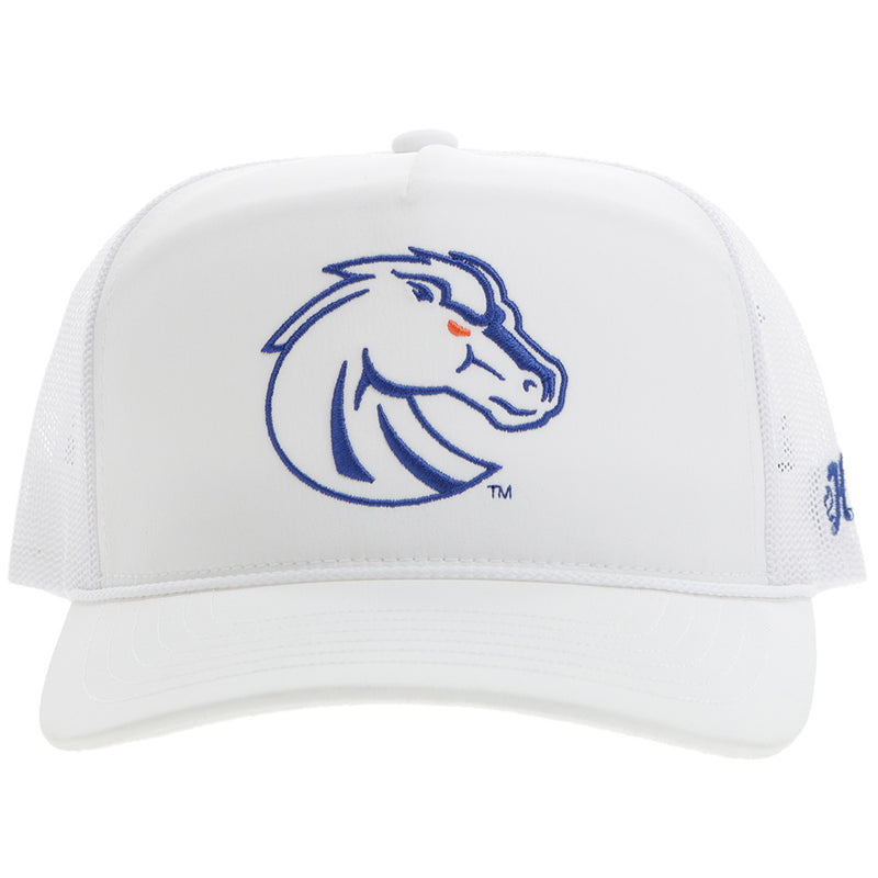 front of Boise x Hooey white hat with blue bronco patch